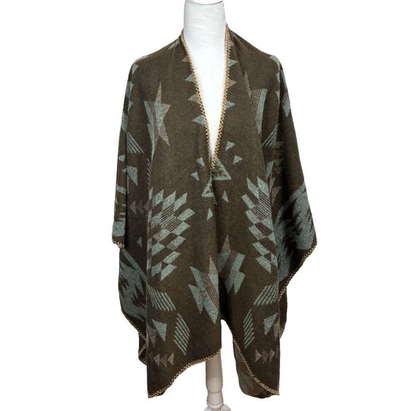 Aztec Shawl Wrap Poncho OSFM Brown Taupe Boho Southwestern Festival Cozy - Picture 1 of 4